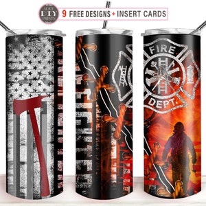 Firefighter American Flag Rescue Fireman 20oz Skinny Tumbler Wrap PNG Sublimation Designs Download (Plus 9 FREE Designs)