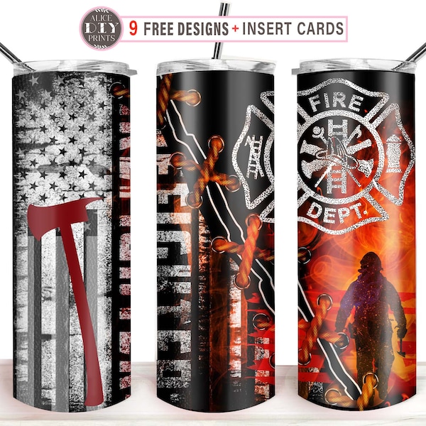 Firefighter American Flag Rescue Fireman 20oz Skinny Tumbler Wrap PNG Sublimation Designs Download (Plus 9 FREE Designs)