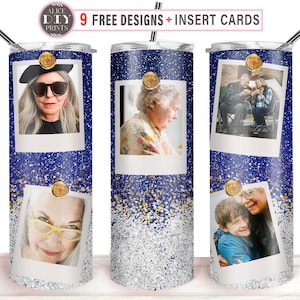 Add Your Own Picture Blue Silver Glitter 5 Photo Frames 20oz Skinny Tumbler Wrap PNG Sublimation Designs Download (Plus 9 FREE Designs)