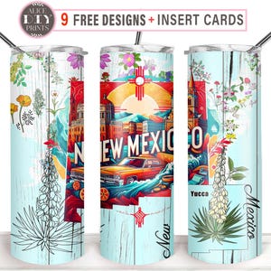May include: Three stainless steel tumblers with a turquoise blue background and a design featuring a vintage car, a cityscape, and the words "New Mexico". The tumblers are decorated with floral elements and the words "New" and "Mexico" in a stylized font.