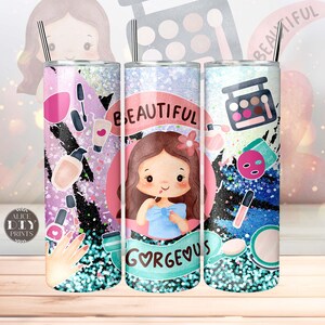May include: Three stainless steel tumblers with a glitter finish and a design featuring a cartoon girl with makeup, the words "Beautiful" and "Gorgeous", and makeup items like lipstick, eyeshadow palettes, and nail polish.