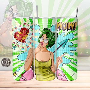 Retro Comic Pop Art Girl WOW 20oz Skinny Tumbler Wrap PNG Sublimation Designs Straight and Tapered Download (Plus 9 FREE Designs)