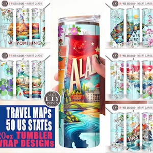 Pacote com 50 mapas de viagem dos estados dos EUA, flor, marco americano, 20 onças, embalagem fina para copo, impressões de sublimação PNG, retas e cônicas (9 designs GRÁTIS)