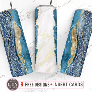 Add Your Own Text / Add Name Blue Gold Glam Marble Glitter 20oz Skinny Tumbler Wrap PNG Sublimation Designs Download (Plus 9 FREE Designs)