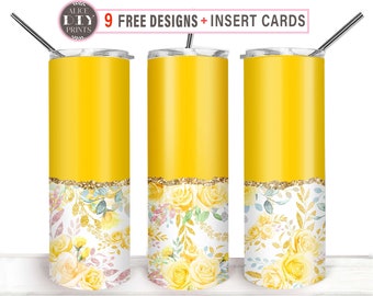 Gold Yellow Rose Floral 20oz Personalized Custom Add Your Name Text Skinny Tumbler Wrap, Wedding PNG Sublimation Designs (9 FREE Designs)