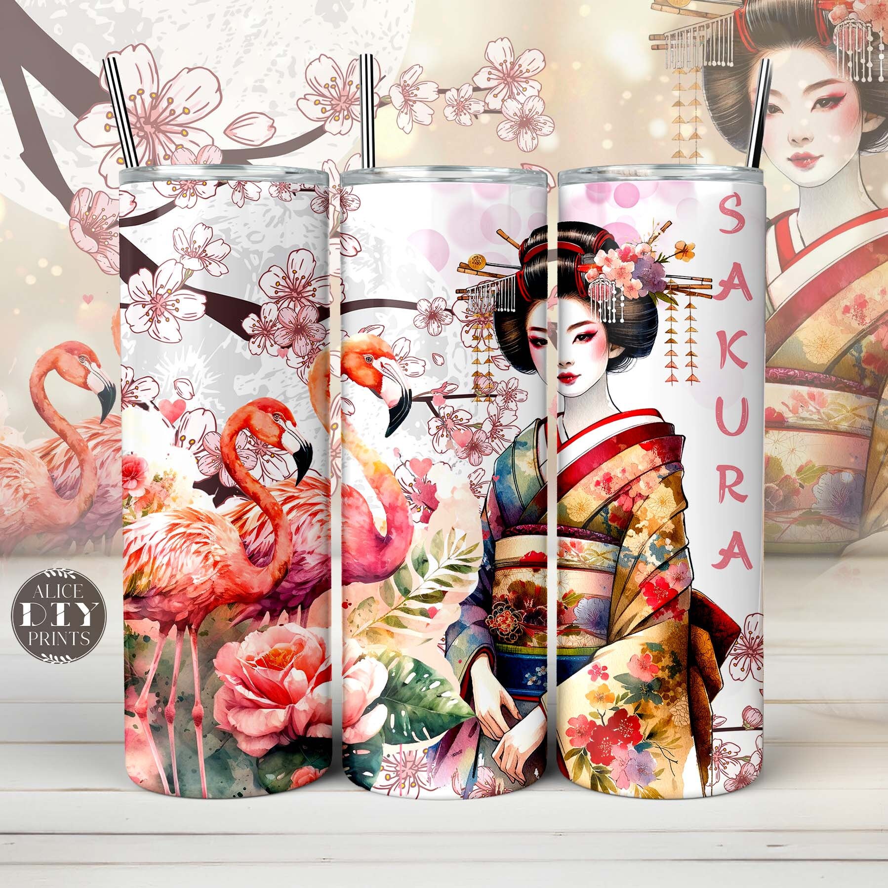 Japanese Geisha Girl 20oz Skinny Tumbler Wrap, Japan Sakura Cherry