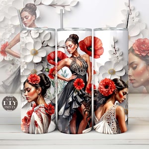 Envoltorio para vaso delgado de 20 oz con bailarina de flores de flamenco en 3D, diseños de sublimación PNG de cultura, baile y vida de España (9 diseños GRATIS)