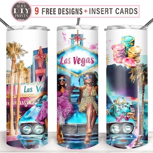 Envoltura para vaso delgado de 20 oz con diseño de sublimación PNG de fichas y cartas de póquer de casino para chicas negras de Las Vegas Girls Trip (más 9 diseños GRATIS)