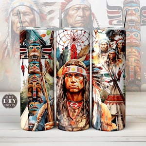 May include: Three stainless steel tumblers with different designs featuring Native American imagery. The designs include a totem pole, a dreamcatcher, and a Native American man in traditional headdress.