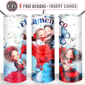 Envoltorio para vaso delgado de 20 oz con diseño de bailarina de flores de la vida flamenca de España, diseños PNG de sublimación de baile de la cultura española (9 diseños GRATIS)