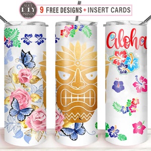 Hawaiian Tiki Flowers Aloha Luau 20oz Skinny Tumbler Wrap PNG Sublimation Designs Download (Plus 9 FREE Designs)