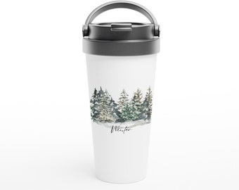 Caneca térmica de inverno - Caneca de viagem de aço inoxidável branca - 440 ml - Caneca de café térmica, à prova de vazamentos, para viagem