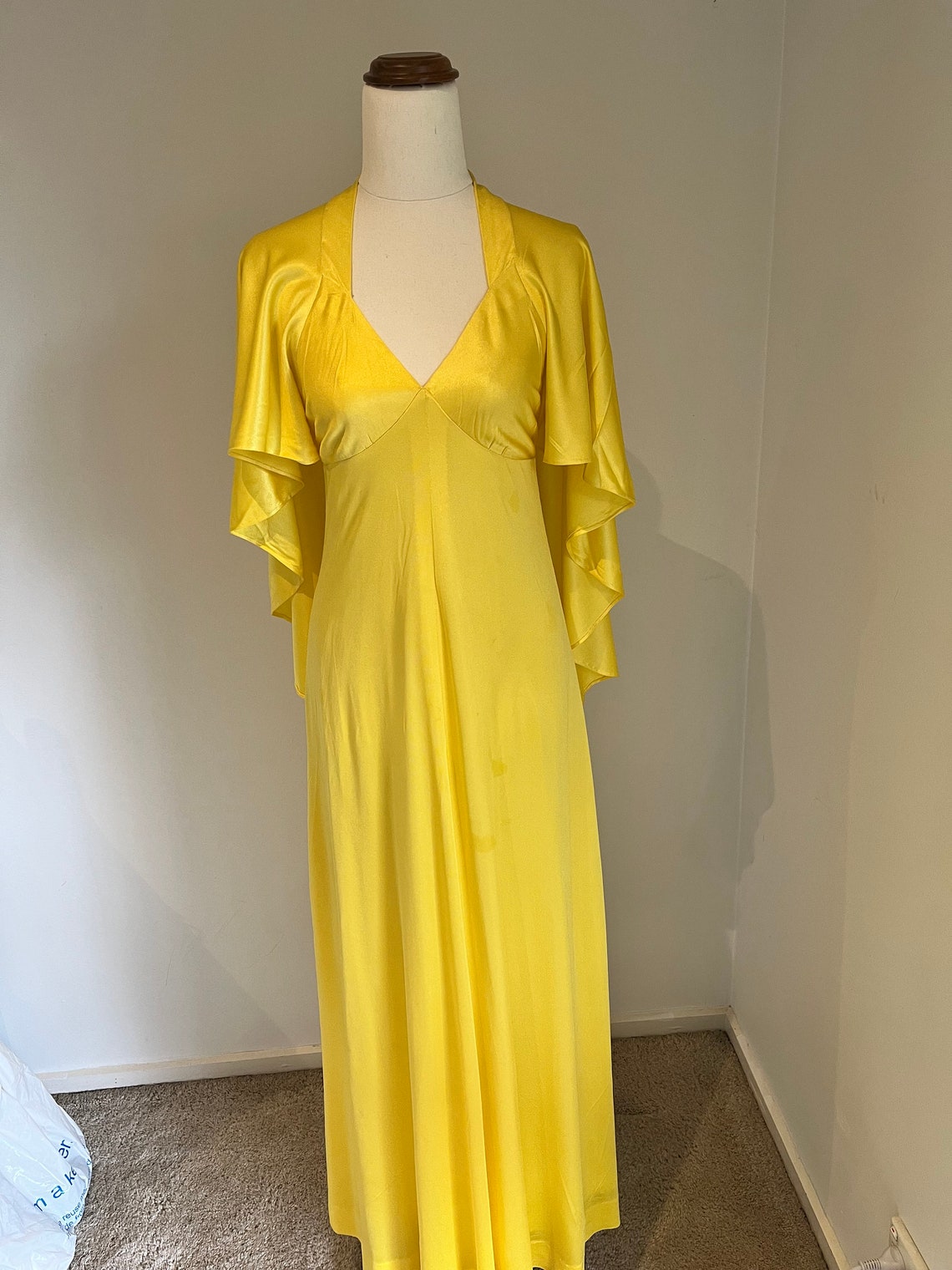 Yellow Satin Evening Gown with Cape
