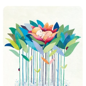 May include: A watercolor illustration of a sleeping baby nestled in a bed of colorful flowers. The flowers are surrounded by tall, thin stems with small leaves. There are two red ladybugs on the stems.