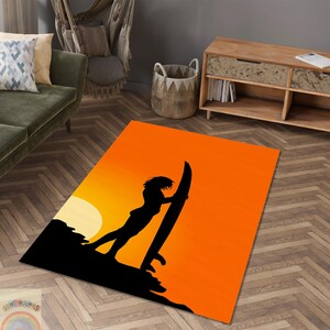 Sunset Surfing Rug: Beach Decor, Surfer Silhouette
