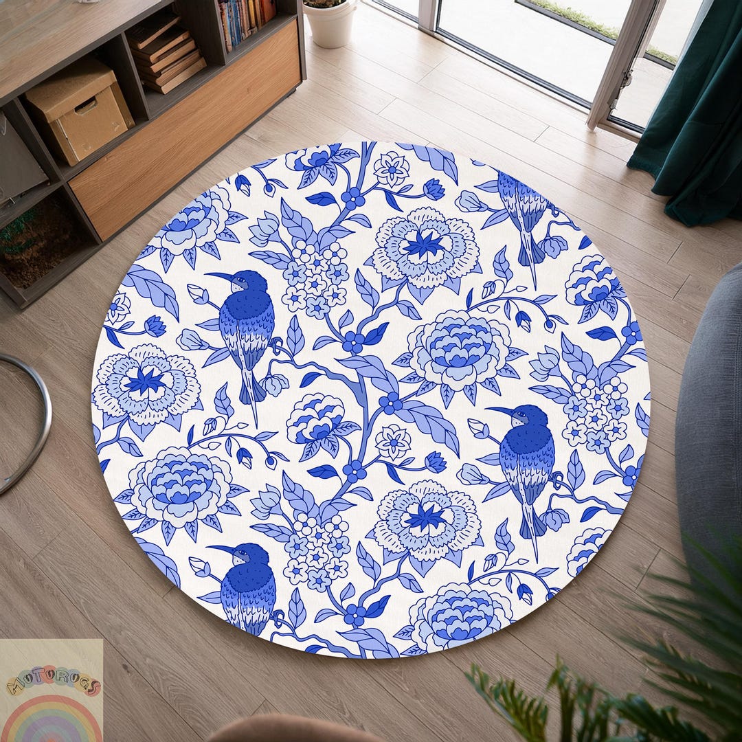 Blue Bird Floral Pattern Rug - Minimalist Nature-inspired Carpet - Etsy
