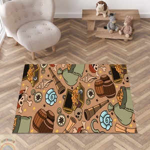 Piratenkleed, kindertapijt, avonturentapijt, cartoontapijt, speelkamertapijt, tapijt schatkaart, decoratie kinderkamer