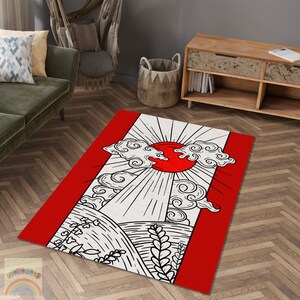 Japanese Art Rug, Red and White Carpet, Sun Decor Rug, Japanese Decor Rug, Area Carpet, Home Decor Rug, Home Gift