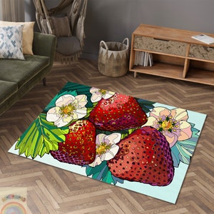 Fruit Decor Rug, Strawberry Rug, Flower Design Rug, Sweet Fruit Rug, Painting Rug, Area Carpet, Non Slip Rug