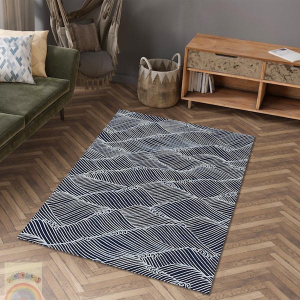 Ocean Wawes Rug, Wawe Pattern Decor Carpet, Japanese Art Decor, Area Carpet, Home Gift
