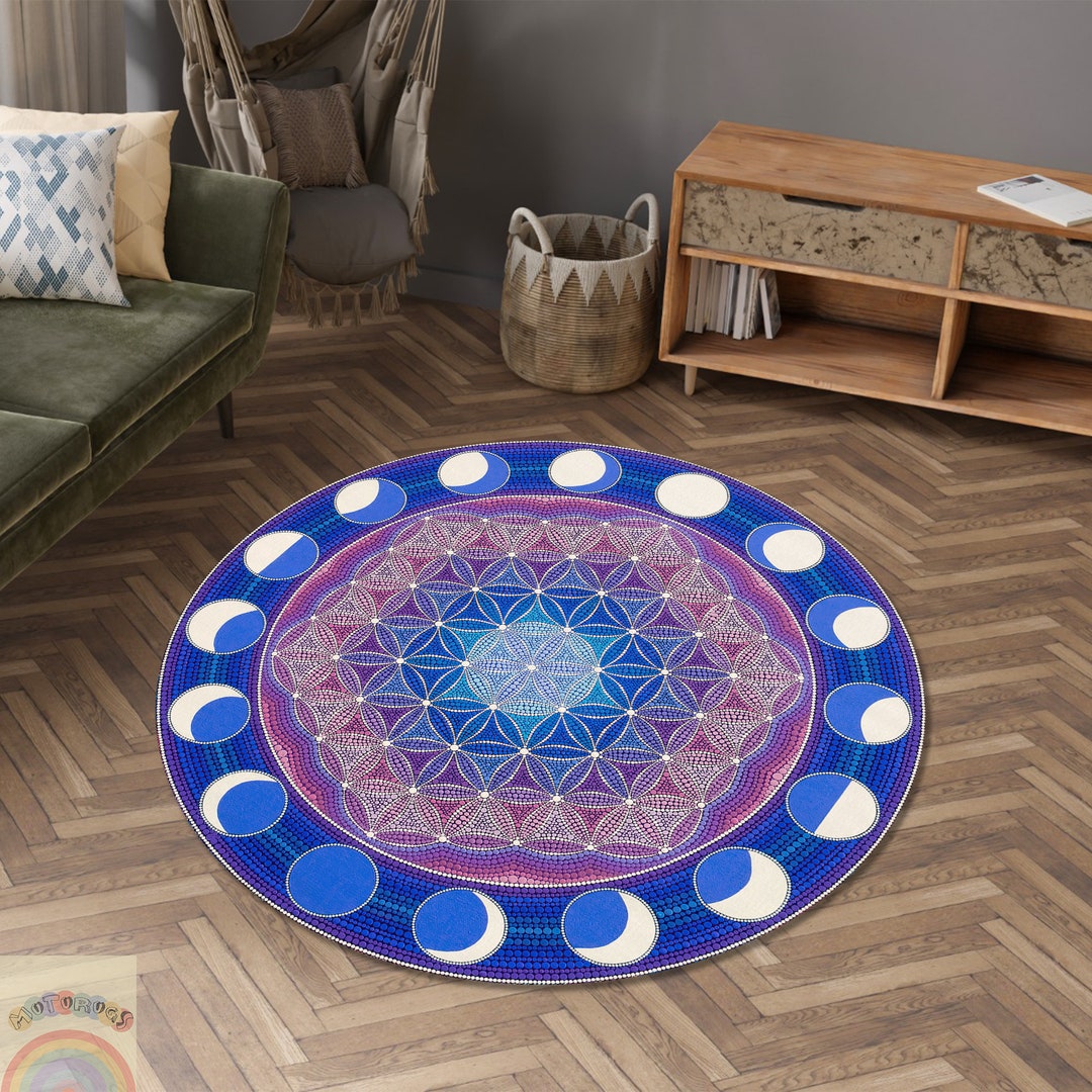 Moon Face Rug Moon Phase Rug: Celestial Sacred Geometry Decor - Etsy