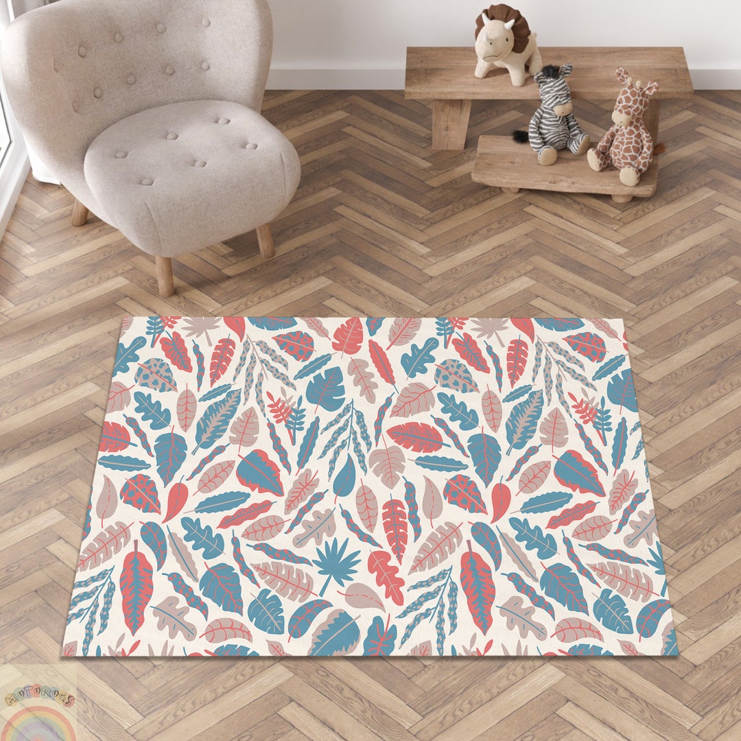 Leaf Pattern Rug, Blue and Red Color, Leaf Design Rug, Mixed Leaf Rug ...