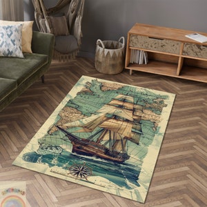 Tapis nautique, décor de bateau vintage, tapis carte du vieux monde, décor maritime, thème explorateur