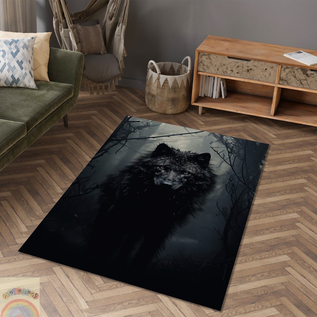 Black Wolf Rug, Scary Wolf Rug, Darkness Wolf Rug, Wild Wolf Rug, Wild Animal Rug, Black Wolf