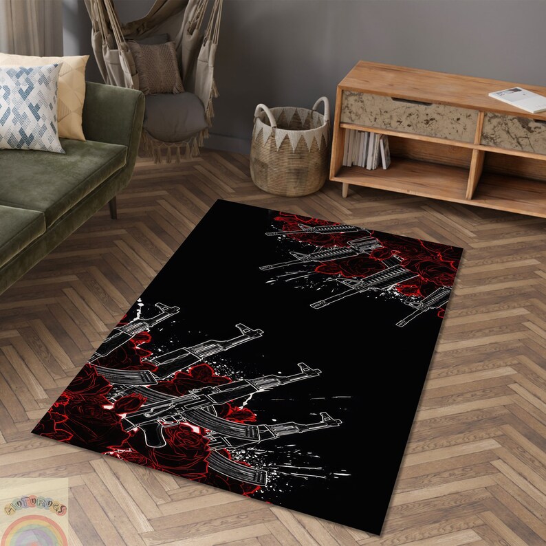 Guns Design Rug, AK47 Rug, M16 Gun Rug, Red Roses Decor Rug ...