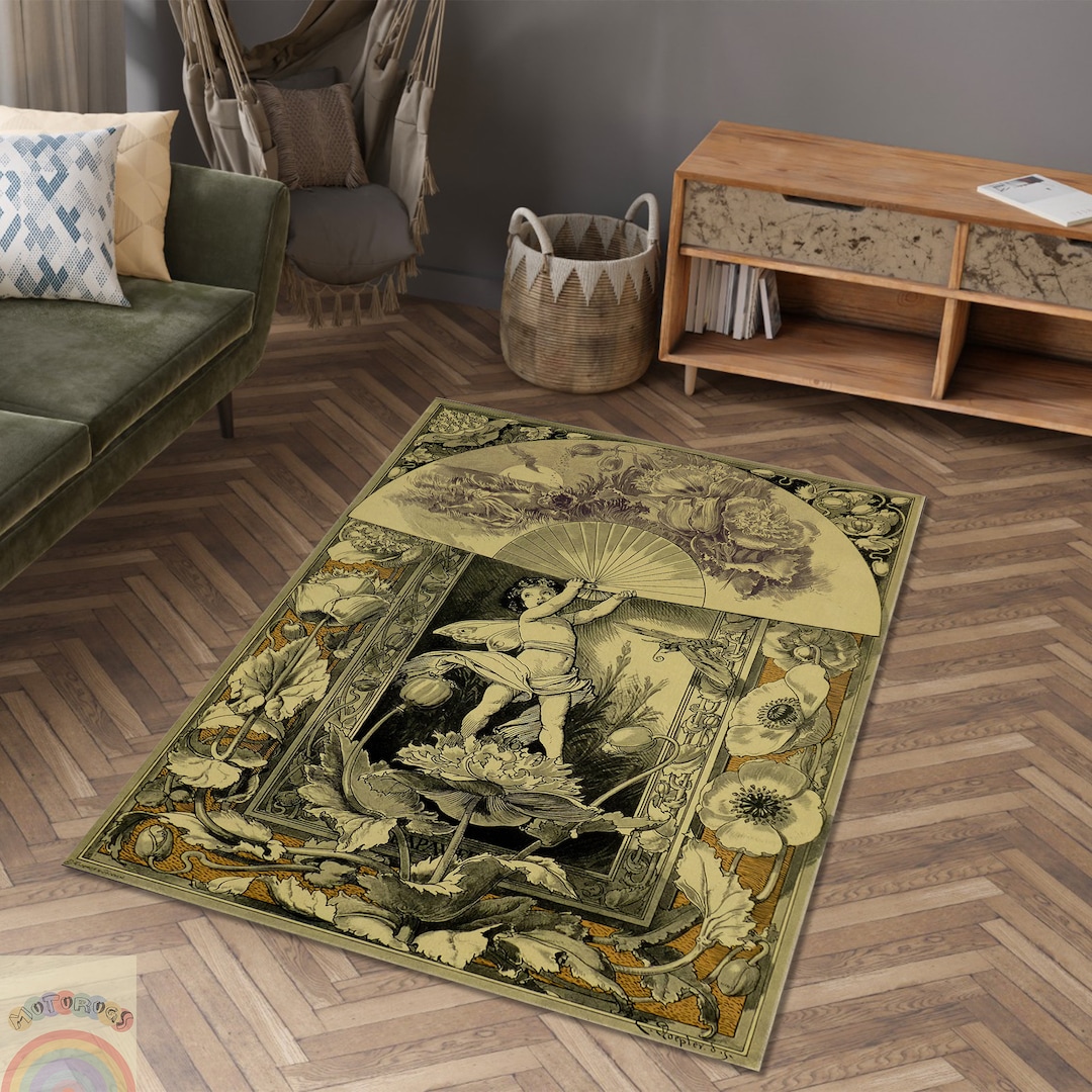Engraving Rug, Antique Engraving, Vintage Rug, Antique Art Rug, Flower ...