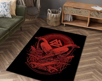 Viking Rug, Norse Decor, Raven Art Rug, Valknut Symbol, Nordic Design, Mythology Rug, Unique Area Rug