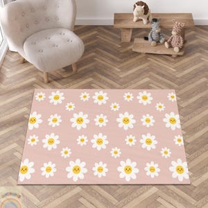Smiley Daisy Floral Rug – Kids Room Play Mat, Boho Decor, Soft Area Rug, Nursery Rug