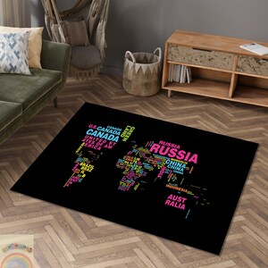 Wereldkaarttapijt, typografietapijt, wereldlandentapijt, kleurrijk kaarttapijt, typografisch kaarttapijt