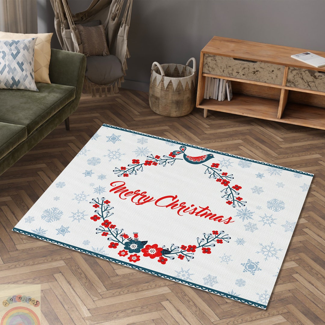 Merry Christmas Rug, Christmas Decoration, Christmas Flower Rug ...
