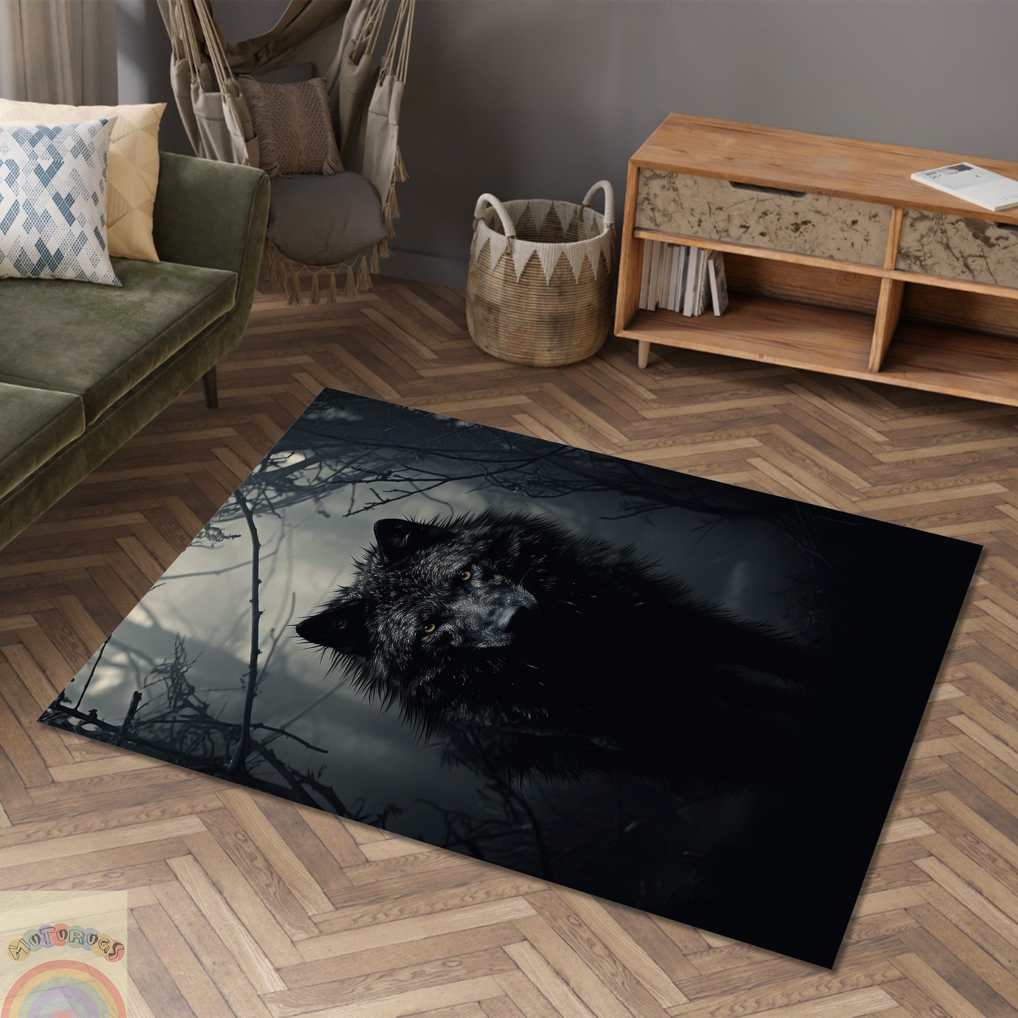 Black Wolf Rug, Scary Wolf Rug, Darkness Wolf Rug, Wild Wolf Rug, Wild ...