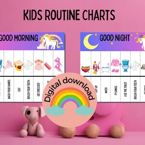 May include: Two printable routine charts for children featuring a unicorn and a rainbow. The charts are titled "Good Morning" and "Good Night" and list activities like "Wake Up", "Use the Toilet", "Wash Your Hands", "Eat", "Brush Your Teeth", "Get Dressed", "Play", "Wash", "Pyjamas", "Read", and "Goodnight Hug".
