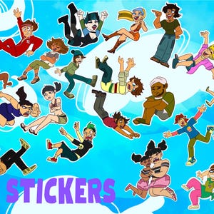 May include: A sheet of cartoon stickers featuring diverse characters in action poses, set against a light blue backdrop with white cloud details. The text "TDI STICKERS" is written in purple.