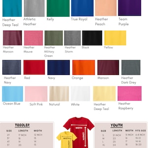 Peut inclure: Tableau des tailles de t-shirts unisexes pour enfants et tout-petits avec des &eacute;chantillons de couleurs et des mesures en pouces. Le tableau comprend les tailles 2T, 3T, 4T, 5T, S, M, L et XL. Le tableau comprend &eacute;galement une vari&eacute;t&eacute; de couleurs, notamment le bleu sarcelle chin&eacute;, le chin&eacute; athl&eacute;tique, le kelly, le bleu royal chin&eacute;, la p&ecirc;che chin&eacute;, le violet d'&eacute;quipe, le marron chin&eacute;, le mauve chin&eacute;, le vert militaire chin&eacute;, le chin&eacute; temp&ecirc;te, le noir, le jaune, le bleu marine chin&eacute;, le rouge, le bleu marine, l'orange, le marron, le gris fonc&eacute; chin&eacute;, le bleu oc&eacute;an, le rose p&acirc;le, le naturel, le blanc, le bleu sarcelle chin&eacute; et le framboise chin&eacute;.