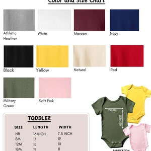Peut inclure: Un tableau pr&eacute;sentant les options de couleur et de taille pour un body b&eacute;b&eacute;. Le tableau comprend 11 couleurs&nbsp;: gris chin&eacute;, blanc, bordeaux, marine, noir, jaune, naturel, rouge, vert militaire, rose p&acirc;le et jaune. Le tableau comprend &eacute;galement un tableau des tailles avec des tailles allant de NB &agrave; 24&nbsp;mois, avec les mesures de longueur et de largeur correspondantes en pouces.