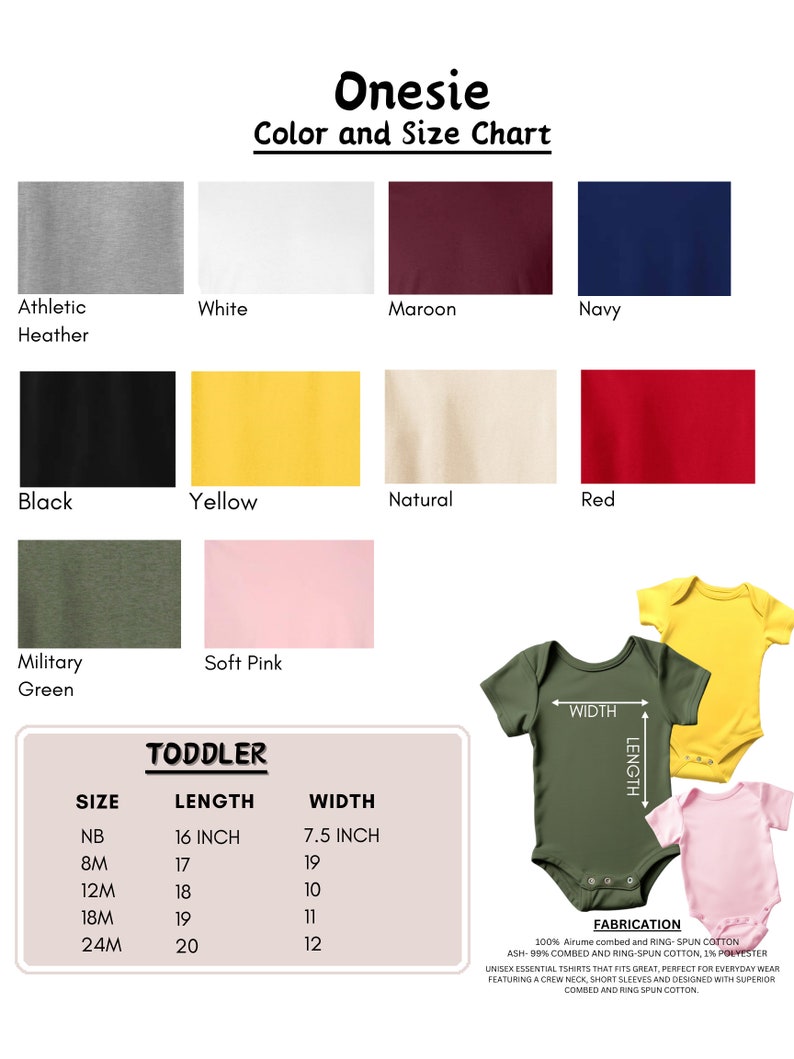 Peut inclure: Un tableau pr&eacute;sentant les options de couleur et de taille pour un body b&eacute;b&eacute;. Le tableau comprend 11 couleurs&nbsp;: gris chin&eacute;, blanc, bordeaux, marine, noir, jaune, naturel, rouge, vert militaire, rose p&acirc;le et jaune. Le tableau comprend &eacute;galement un tableau des tailles avec des tailles allant de NB &agrave; 24&nbsp;mois, avec les mesures de longueur et de largeur correspondantes en pouces.