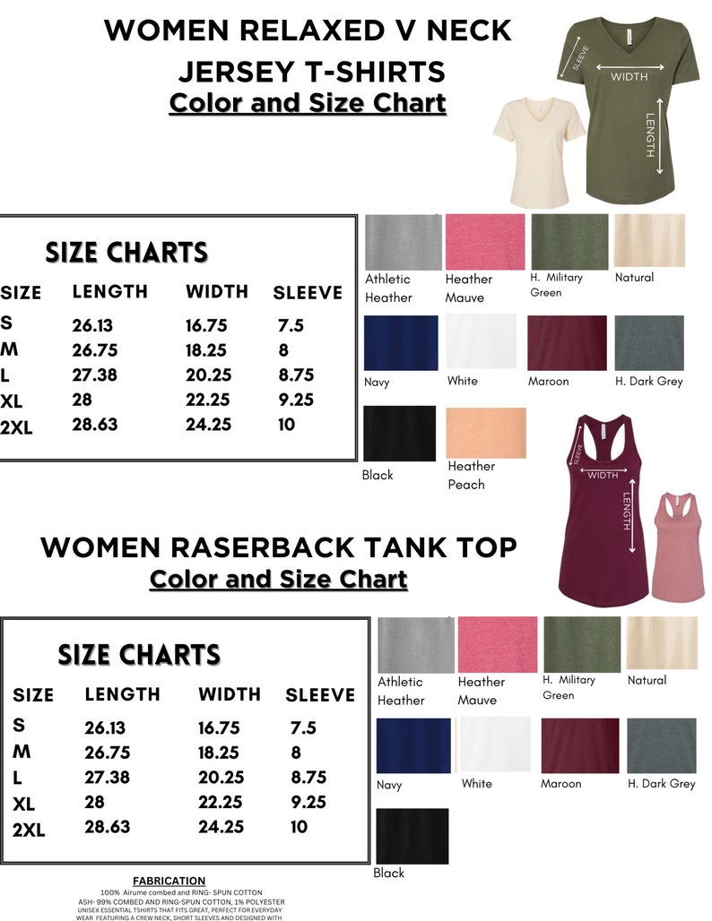Peut inclure: Tableau des tailles pour t-shirts en jersey &agrave; col en V d&eacute;contract&eacute;s et d&eacute;bardeurs &agrave; dos nageur pour femmes. Le tableau indique les tailles, la longueur, la largeur et les mesures des manches en pouces. Le tableau indique &eacute;galement les couleurs disponibles&nbsp;: Heather Athletic, Heather Mauve, H. Military Green, Natural, Navy, White, Maroon, H. Dark Grey, Black et Heather Peach.