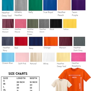 Peut inclure: Tableau des tailles pour t-shirts unisexes adultes avec des &eacute;chantillons de couleurs et des mesures en pouces. Le tableau pr&eacute;sente 14 couleurs diff&eacute;rentes, notamment Heather Deep Teal, Athletic Heather, Kelly, True Royal, Heather Peach, Team Purple, Heather Maroon, Heather Mauve, Heather Military Green, Heather Storm, Black, Yellow, Heather Navy, Red, Navy, Orange, Maroon, Heather Dark Grey, Ocean Blue, Soft Pink, Natural, White, Heather Deep Teal, et Heather Raspberry. Le tableau des tailles indique la longueur et la largeur des t-shirts en pouces pour les tailles S, M, L, XL, 2XL, 3XL et 4XL.