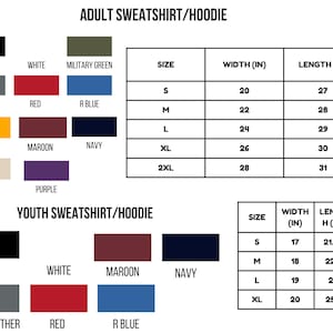 Peut inclure: Tableau des tailles pour sweat-shirts et sweats &agrave; capuche pour adultes et enfants. Les tailles adultes sont S, M, L, XL et 2XL. Les tailles enfants sont S, M, L et XL. Les couleurs comprennent le noir, le blanc, le rouge, le bordeaux, le marine, le vert militaire, le bleu royal, le jaune, le charbon de bois, le sable, le violet et le gris fonc&eacute;.