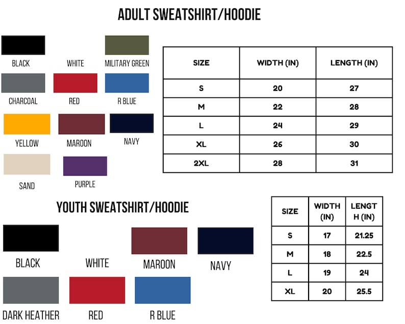 Peut inclure: Tableau des tailles pour sweat-shirts et sweats &agrave; capuche pour adultes et enfants. Les tailles adultes sont S, M, L, XL et 2XL. Les tailles enfants sont S, M, L et XL. Les couleurs comprennent le noir, le blanc, le rouge, le bordeaux, le marine, le vert militaire, le bleu royal, le jaune, le charbon de bois, le sable, le violet et le gris fonc&eacute;.