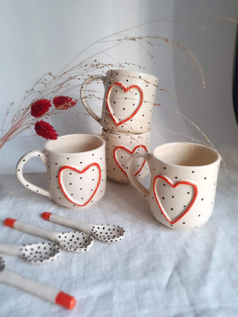 Espresso cup and spoon with heart and dot Ceramic espresso cup spoon set handmade Hand painted cappuccino cup from ukraine Handmade love mug image 5