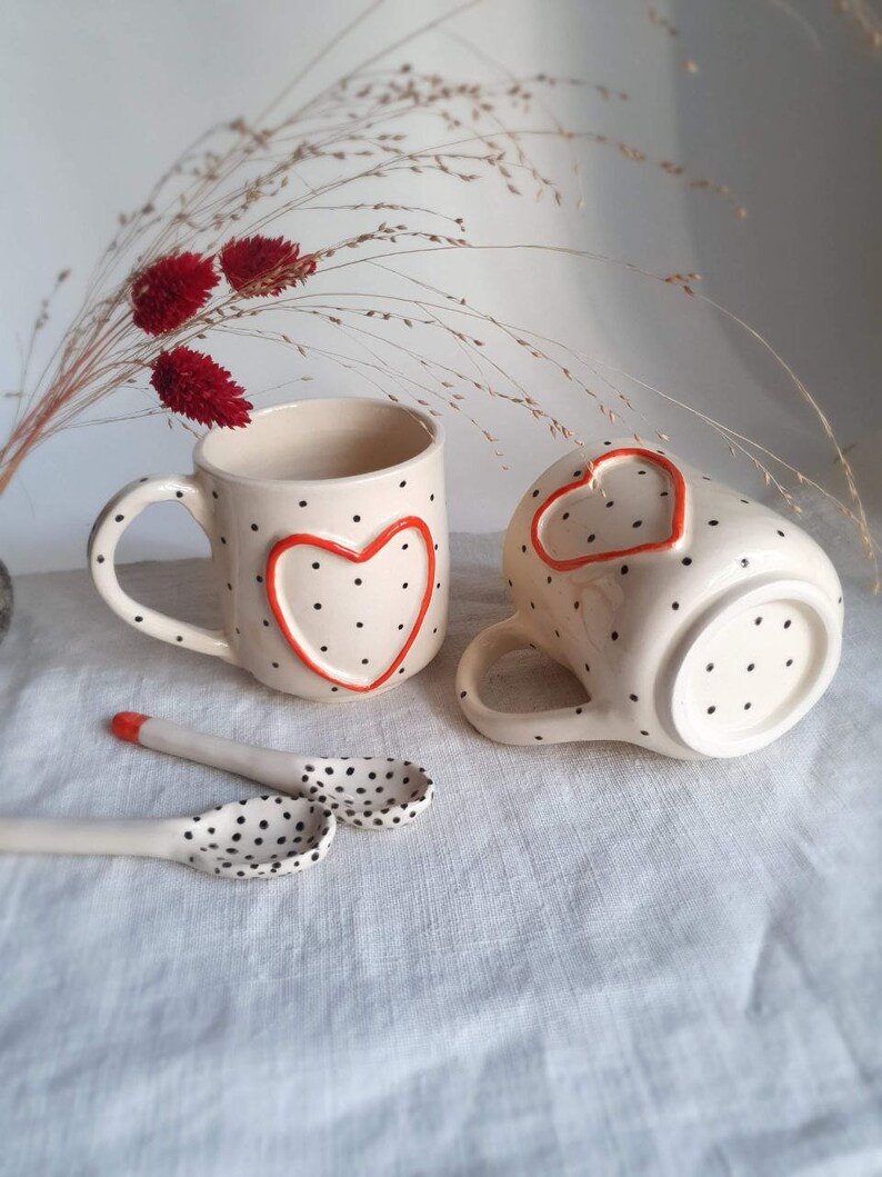 Espresso cup and spoon with heart and dot Ceramic espresso cup spoon set handmade Hand painted cappuccino cup from ukraine Handmade love mug image 4