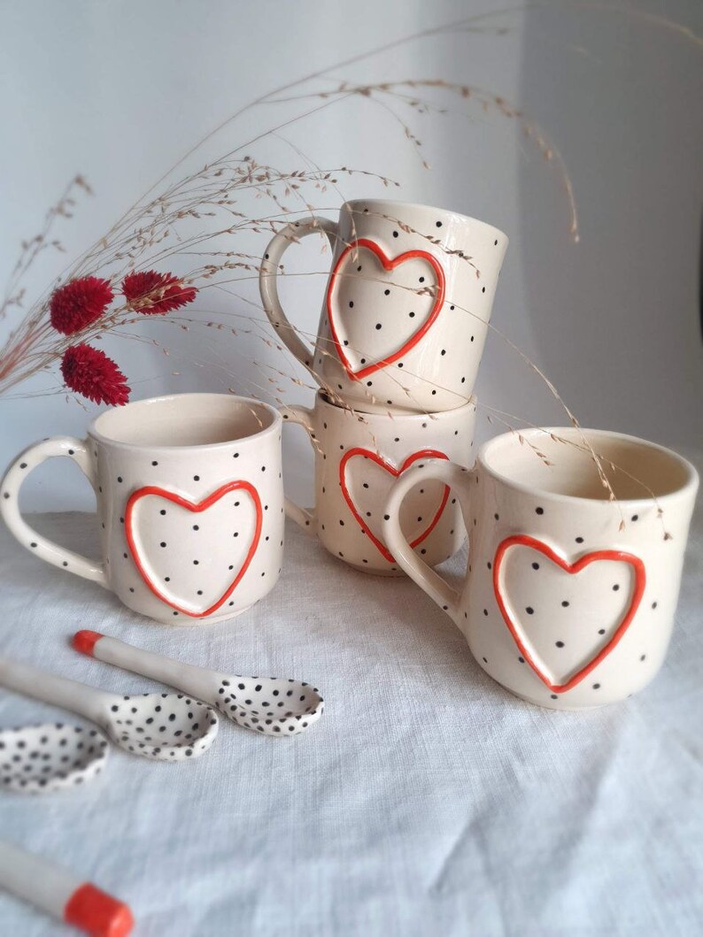 Espresso cup and spoon with heart and dot Ceramic espresso cup spoon set handmade Hand painted cappuccino cup from ukraine Handmade love mug image 2