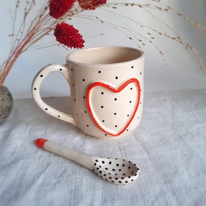 Espresso cup and spoon with heart and dot Ceramic espresso cup spoon set handmade Hand painted cappuccino cup from ukraine Handmade love mug image 1