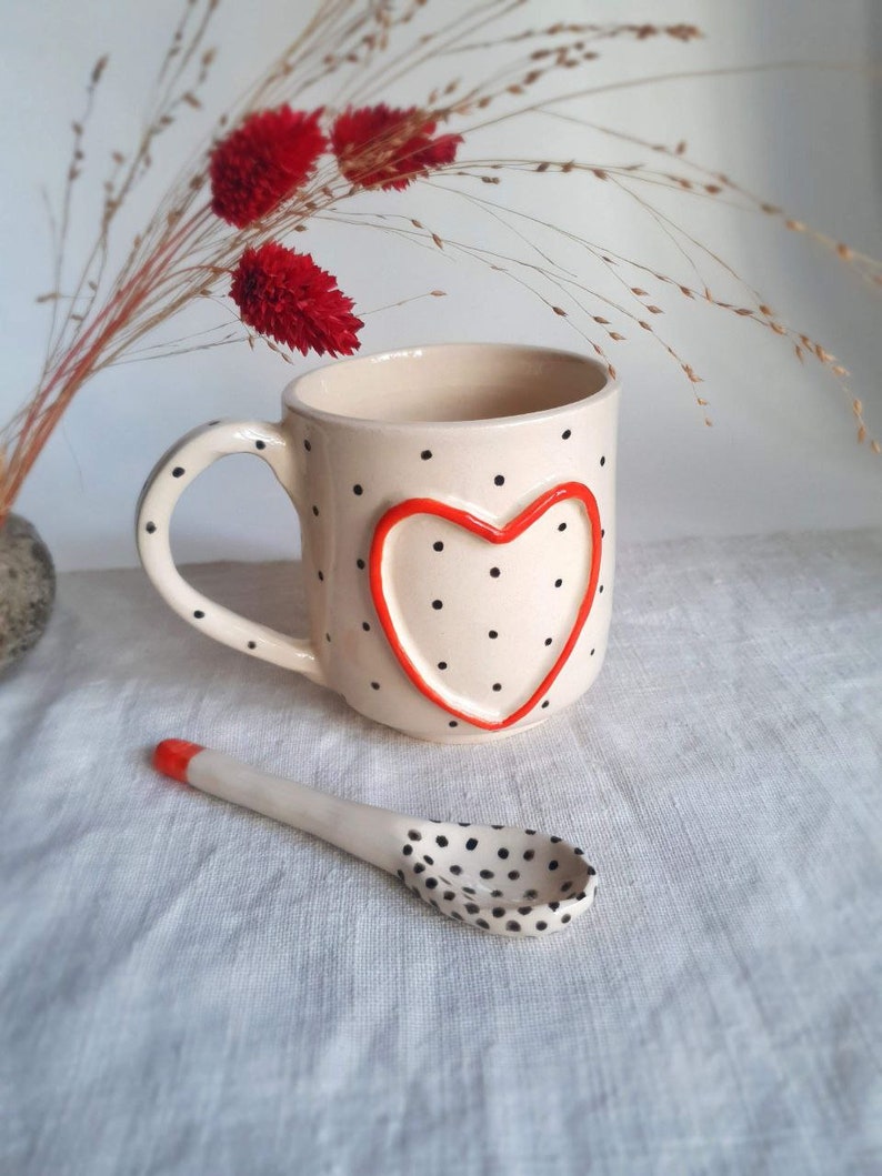 Espresso cup and spoon with heart and dot Ceramic espresso cup spoon set handmade Hand painted cappuccino cup from ukraine Handmade love mug image 1