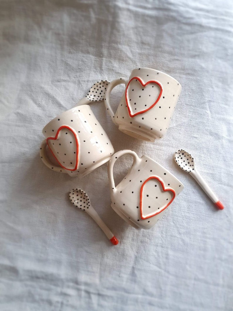 Espresso cup and spoon with heart and dot Ceramic espresso cup spoon set handmade Hand painted cappuccino cup from ukraine Handmade love mug image 6